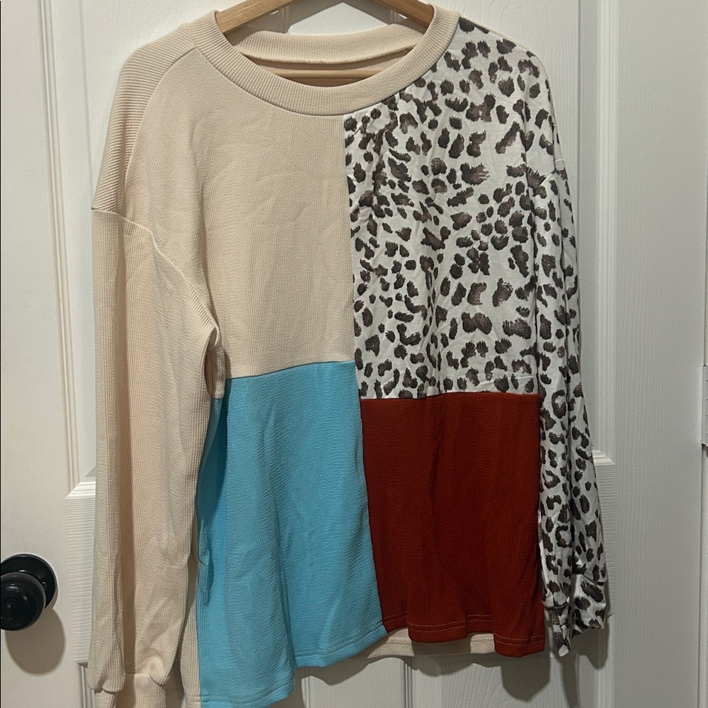 SHEIN Multicolor Leopard Patchwork Long Sleeve Top NWOT